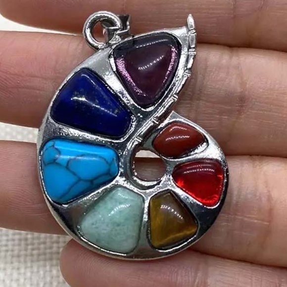 FIBONACCI NAUTILUS SHELL FAUX MULTICOLOR GEMS "CHAKRAS" PENDANT NECKLACE 33 - Picture 2 of 3